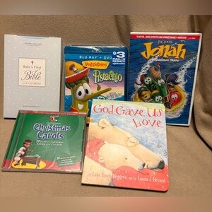 Jonah DVD, Pistachio DVD, Baby’s First Bible, Book- God Gave Us Love, and Chr Ca